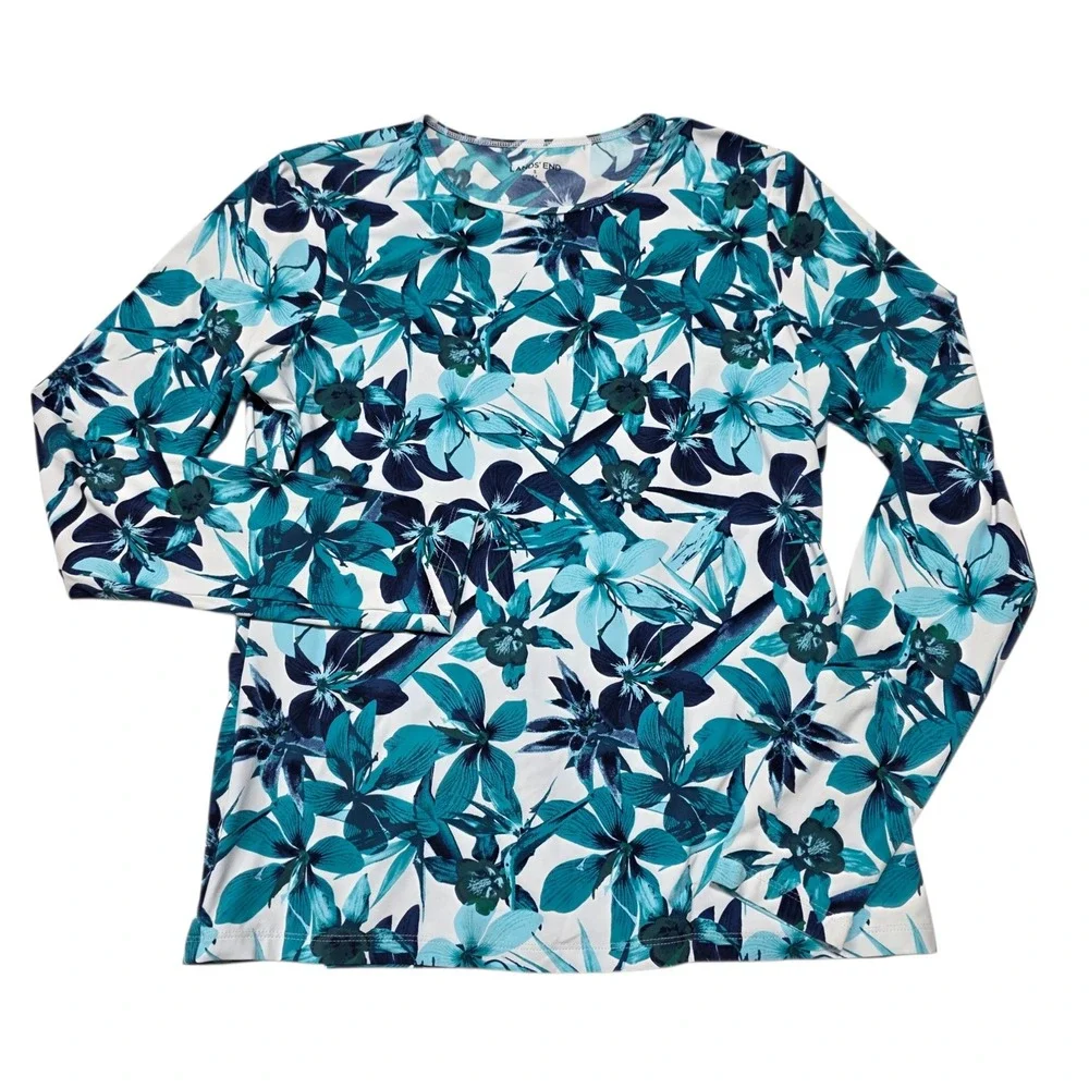 Lands' End Rash Guard Women S Blue Floral Long Sleeve Crew Neck Swim Top